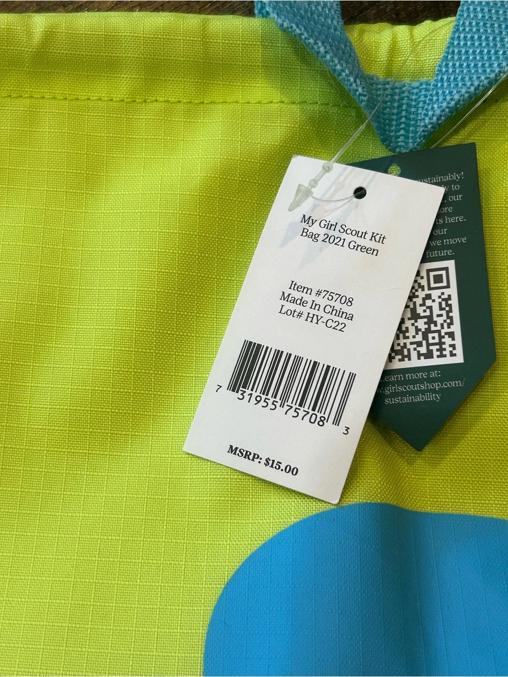 Girl Scouts Lime Green Drawstring Backpack with Blue Trefoil